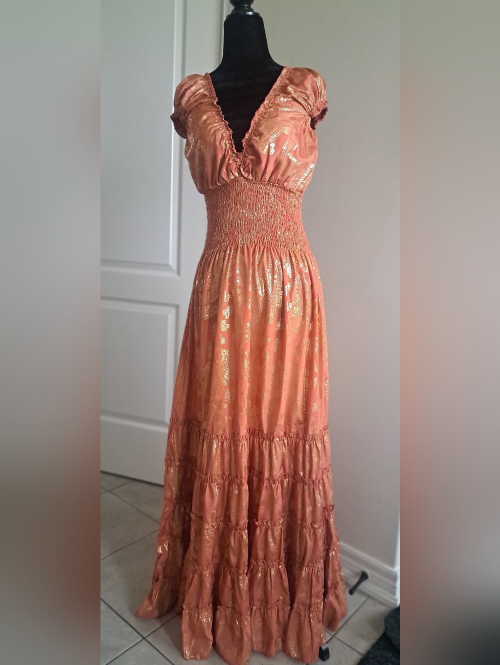 NWT Sunset Orange & Gold Silk Tiered Maxi Dress | Made in Spain